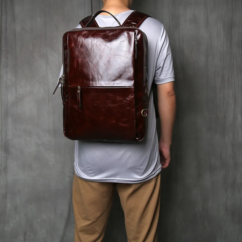 NZPJ Men's Vintage  Genuine Leather Backpack Top Layer Cowhide Large Capacity Casual Travel Bag Suitable For 17 Inch Laptops
