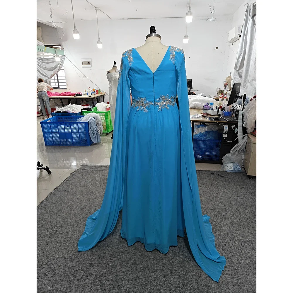 Elegant Blue Mother of The Bride Dresses with Cape V Neck Wedding Guest Dress Beaded Appliqued Long Evening Gowns