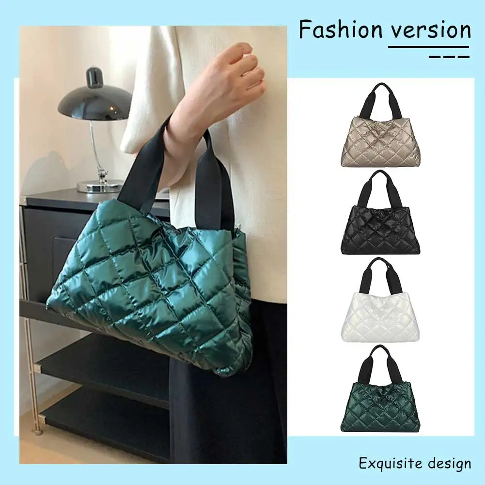 Fashion Tote Bag Autumn Winter Cotton Padded Shopping Bag Large Capacity Rhombus Pattern Quilted Travel Purse for Women Girl