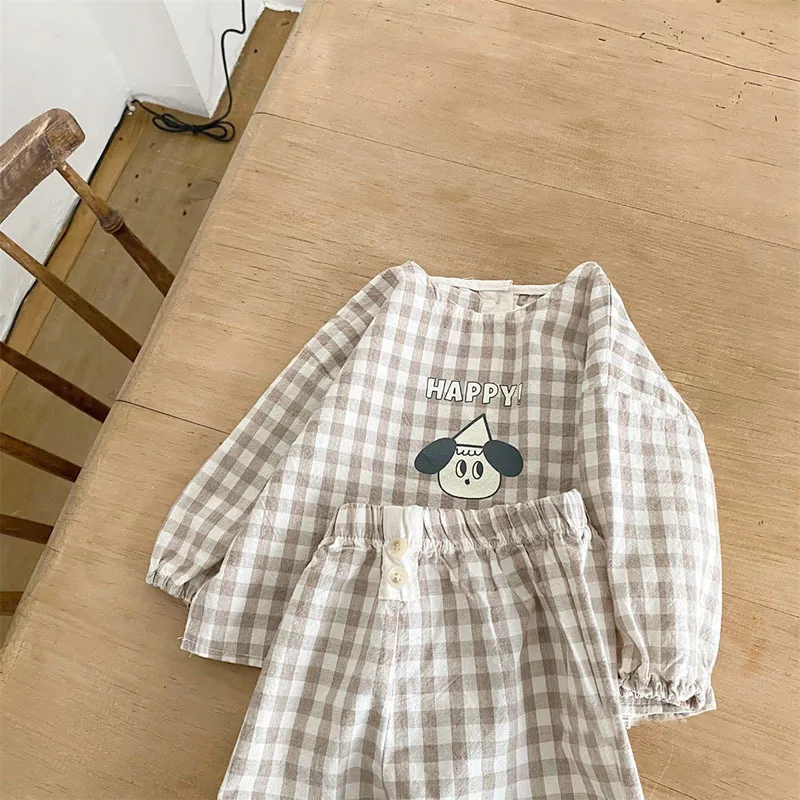 2024 nuovi vestiti di lino di cotone per bambini Set Plaid Cartoon Casual top + pantaloni 2 pezzi Baby Set Cute Boy Girls comodi abiti per neonati - immagine 5