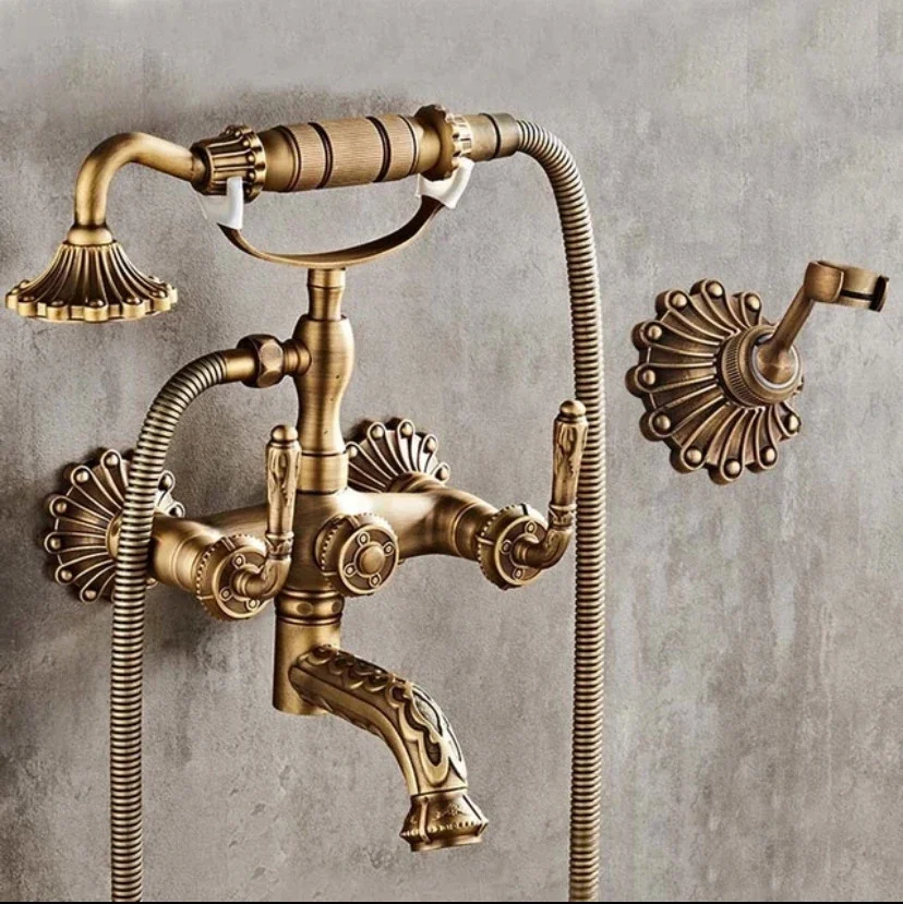 European-Style-Antique-Carved-Brass-Shower-set-Hot-Cold-Water-Mixer-Tap ...