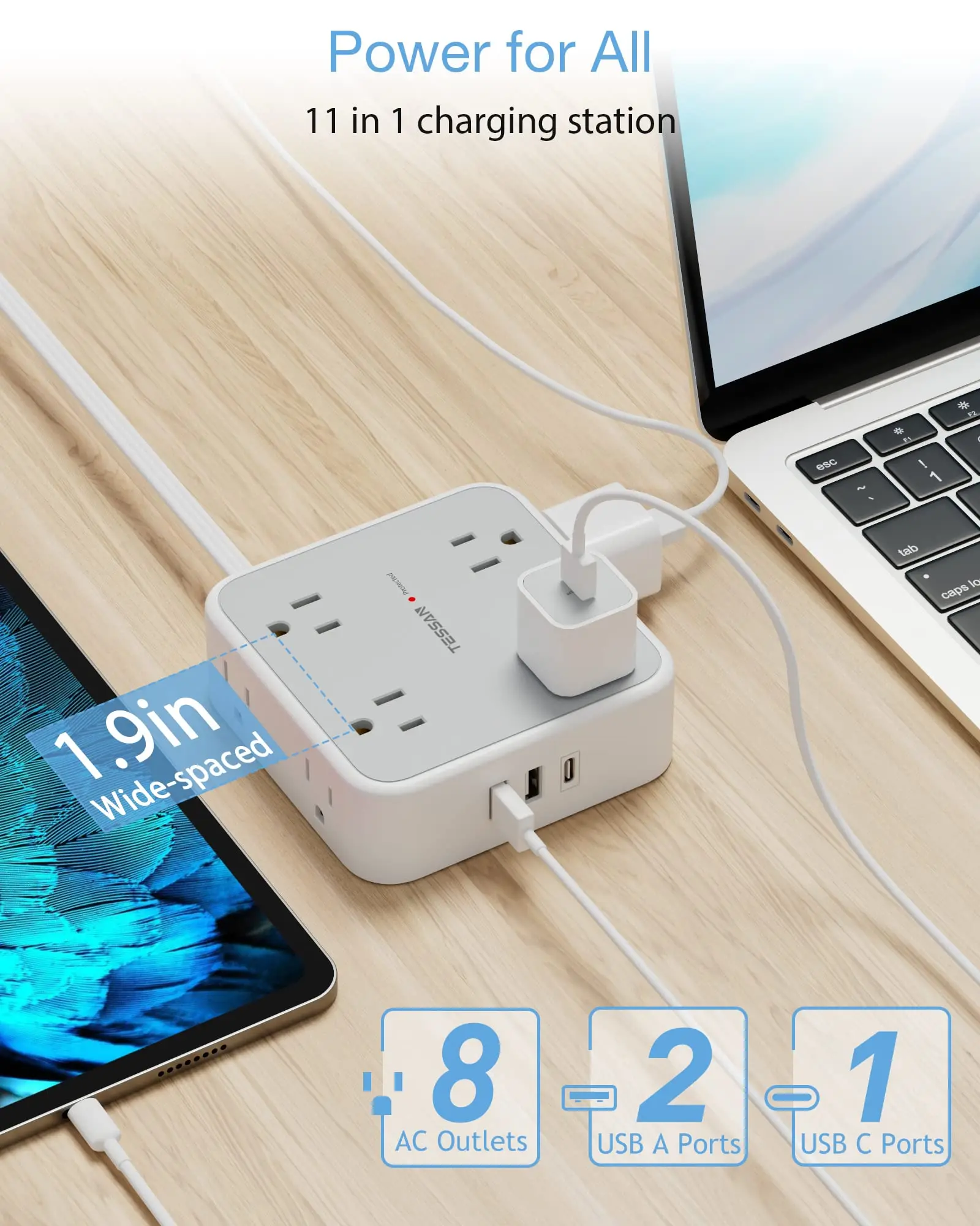 TESSAN ʹ ÷ Ƽ ÷, 8 ܼƮ  3 USB, Ƽ ܼƮ  ȣ, 5FT/10FT ͽټ ̺