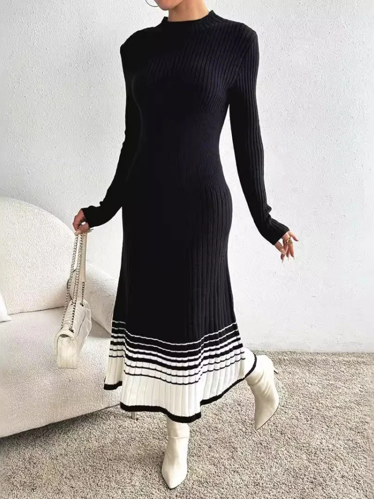 Wmstar Dress Women Wholesale Black White Striped Pleated Skirts Sweaters Long Skirts Cross Border Bestsellers One Piece 2025