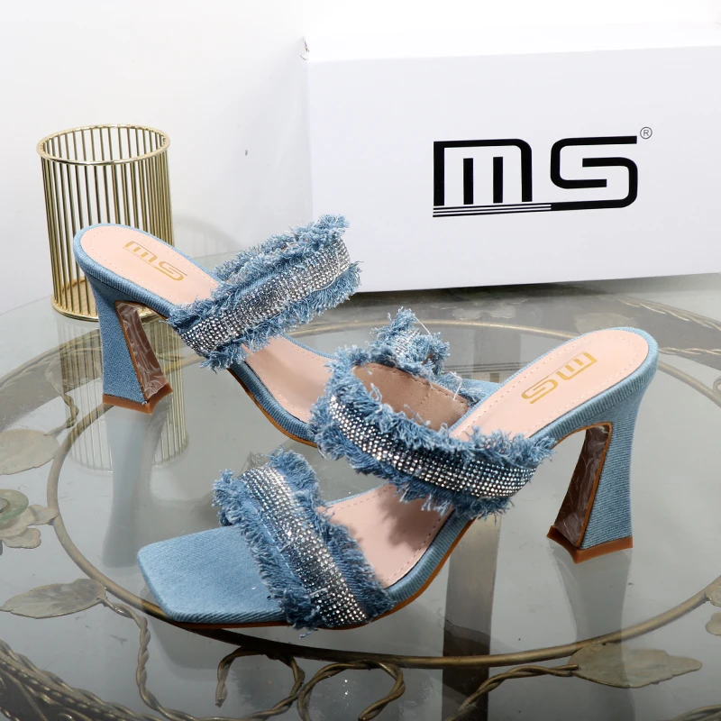 Denim women slippers 2024 new rhinestone plush stiletto heels women outdoor fashion women's slippers Luxury elegant women shoes