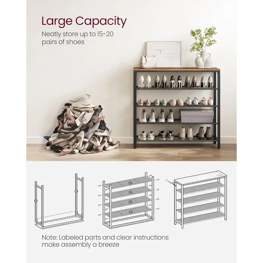 Shoe Rack 5Tier Shoe Storage Organizer with 4 Metal Mesh Shelves for 1620 Pairs and Large Surface for Bags for Entryway Hallway