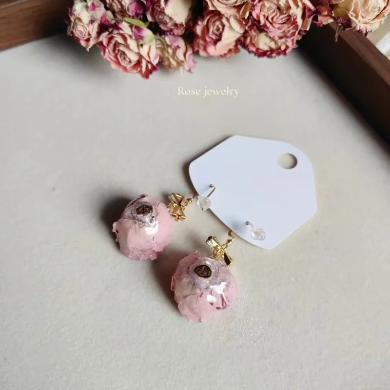 Elegant Immortal Rose Long Earrings Epoxy Resin Real Rose Flower 30