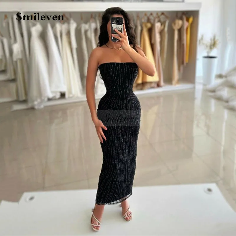 

Сексуальные черные вечерние платья Smileven с юбкой-годе без бретелек длиной до щиколотки женские строгие атласные строгие платья 2024