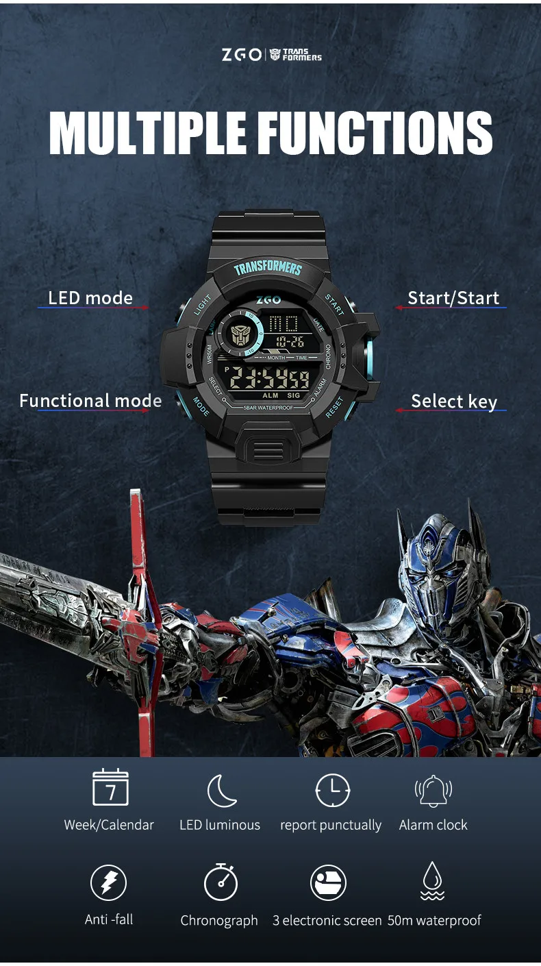 ZGO X Transformers Children's Watches Middle And Primary School Students Boys Waterproof Sports Digital Electronic Watches 7531