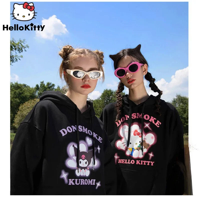 

Sanrio Hello Kitty Kuromi Printed Cartoon Hoodie Couple High Street Style Gothic Loose Sweater Hip Pop Fashion Top For Women Y2k