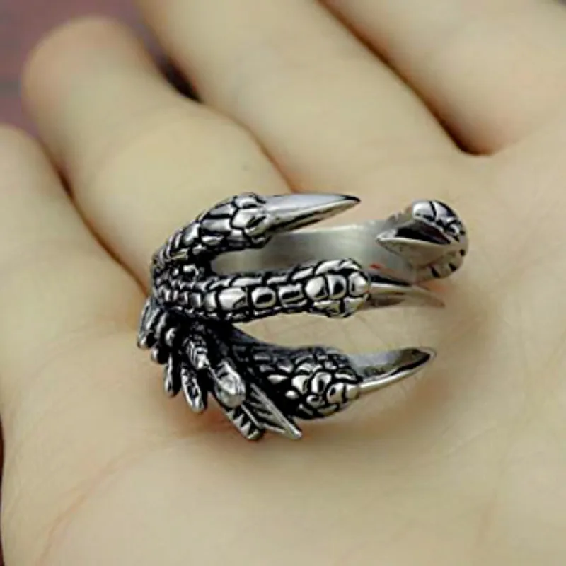 Stainless Steel Vintage Silver Dragon Claw Adjustable Opening Ring Tibetan silver Eagle Animal Rings for Men Women Punk Jewelry