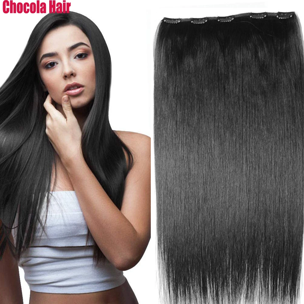 Chocala Brazilian Remy Human Hair Extensions 16"-28" 1pcs 100g-200g One Piece Set With 5 Clips In Natural Straight