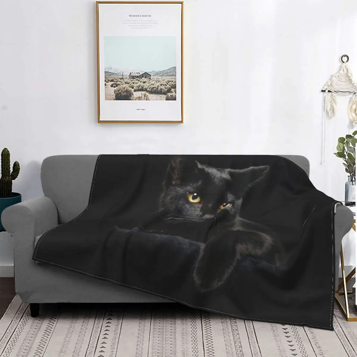 

Personality Black Cat Pattern Blanket Flannel Spring and Autumn Animal Multifunctional Soft Blanket Home Office Bedding