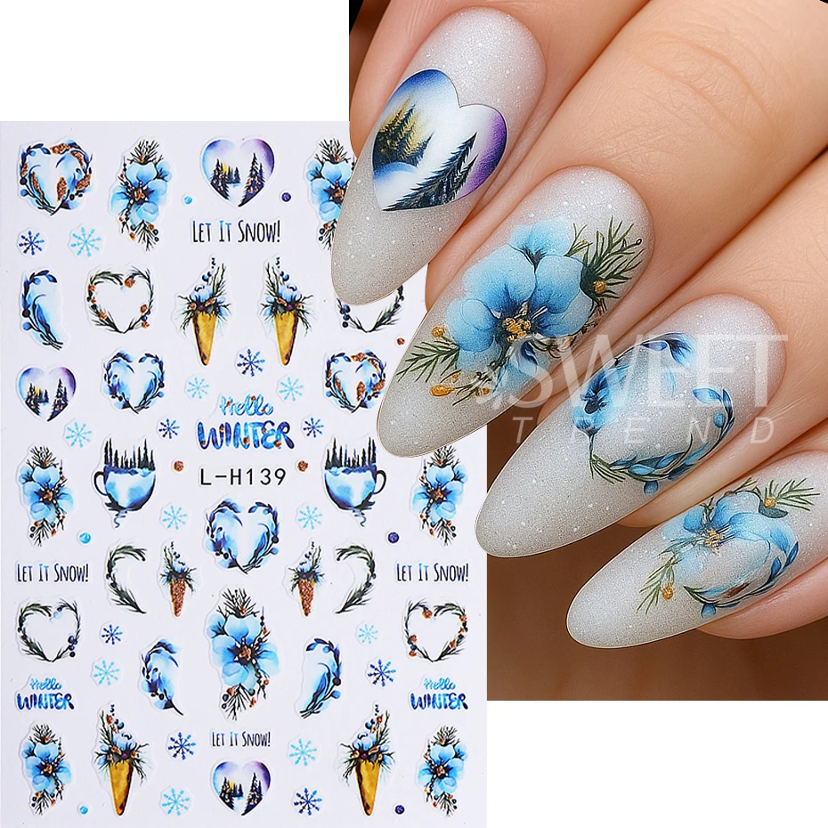 3pcs Glitter Red Flowers Nail Stickers Self-Adhesive Florals Holly Leaf Design Nail Decal New Year Festive Manicure Decor Slider