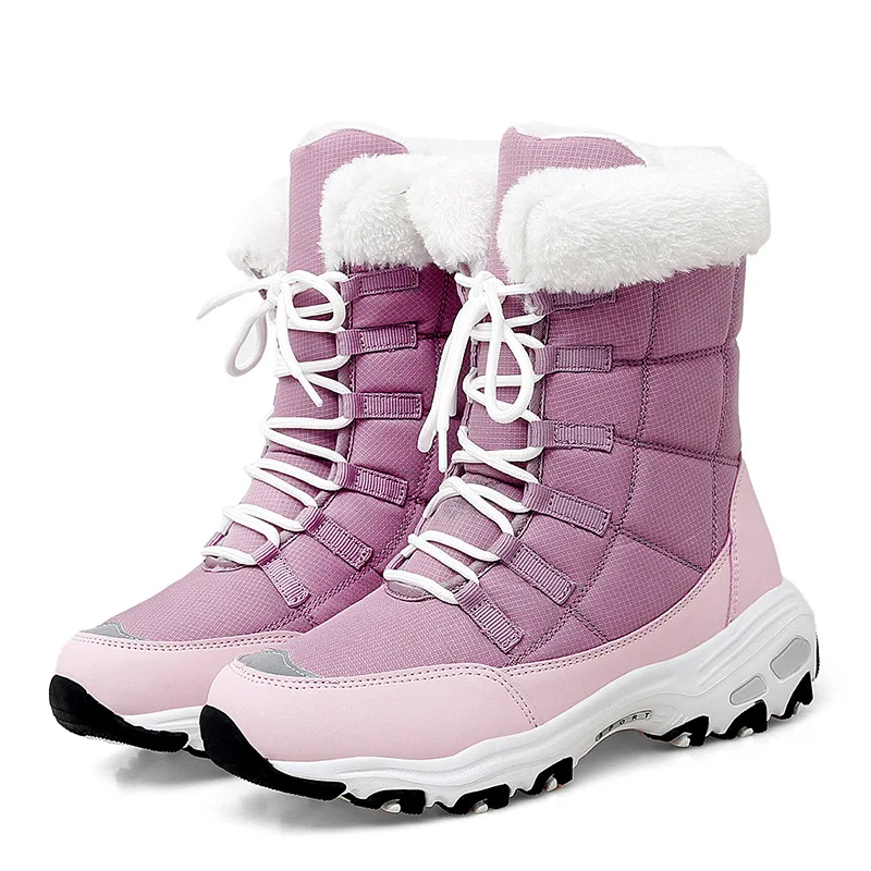 

High Quality Winter Women Snow Boots Fur Warm Ankle Boots Lace-up Comfortable Waterproof Boots Female Outdoor Hiking Boots