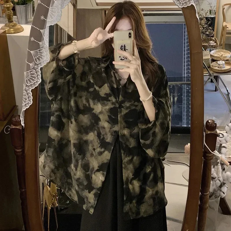Tie-Dye Ink Mesh Sheer Blouse Women Long Sleeve Casual Loose Lazy Top Harajuku Y2K American Retro Street T Shirt