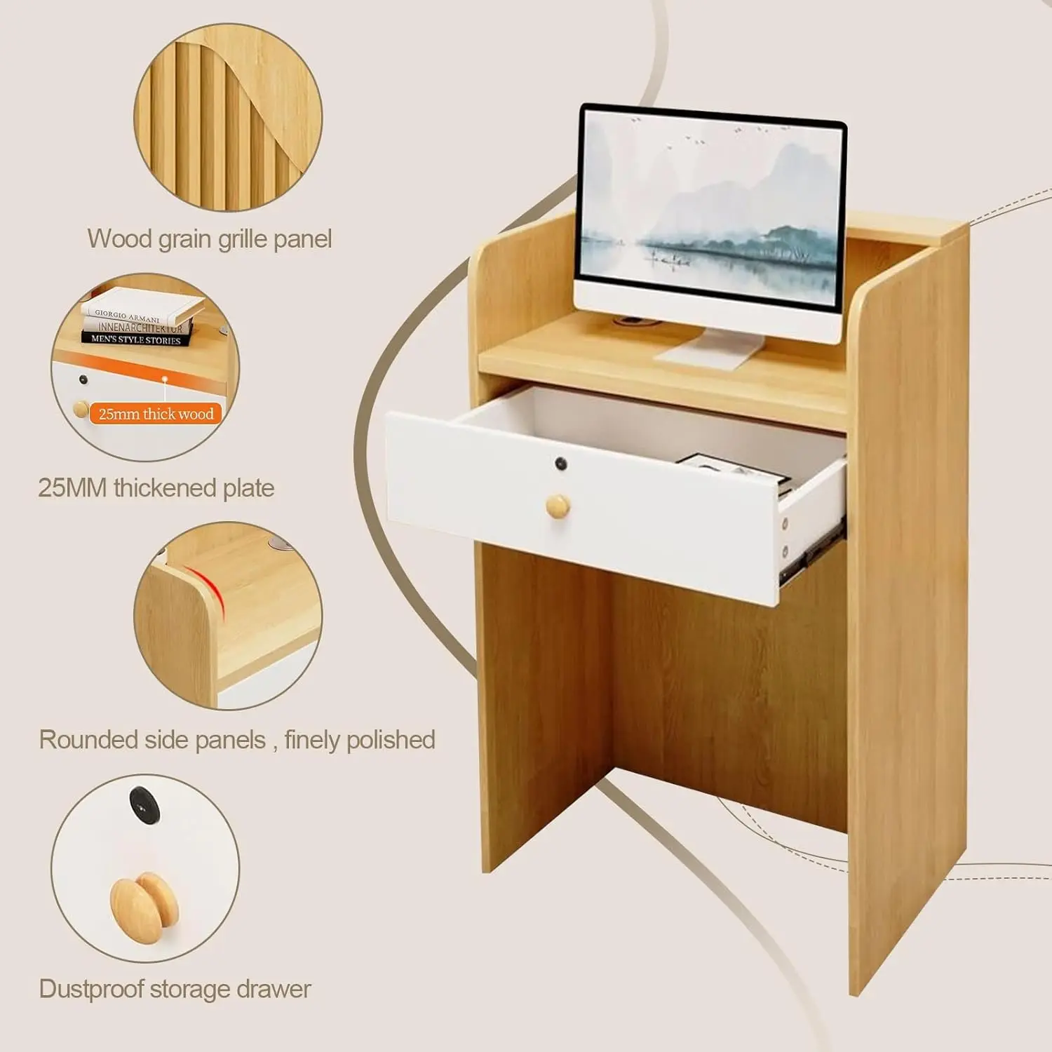 Modern Reception Desk With Counter 23.6In Open Front Desk Checkout Counter With Lockable Drawer Reception For Beauty Salon