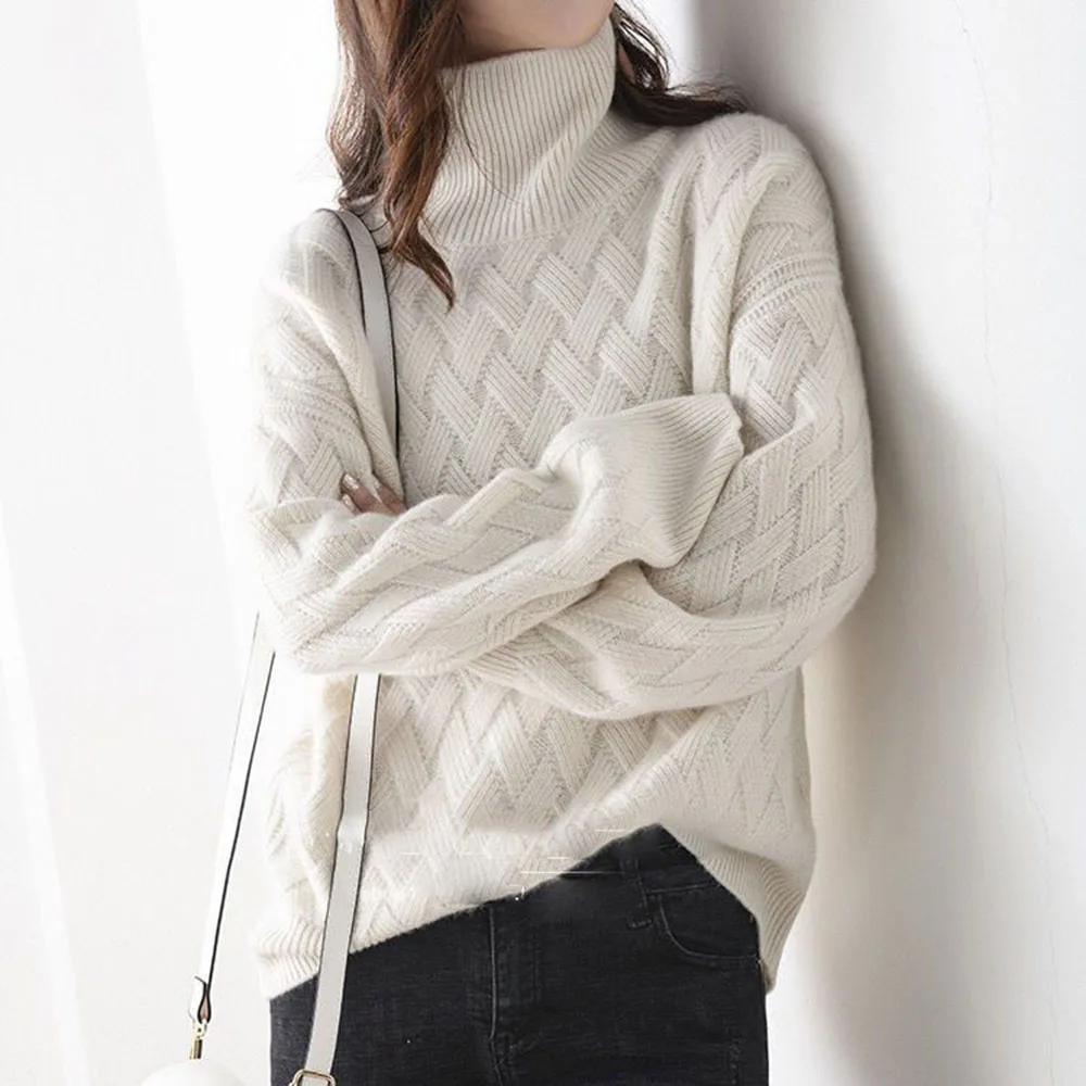 

Women Turtleneck Sweater Autumn Winter Knitted Loose Cashmere Sweater Languid Breeze Loose Thick Pullover Underlay Wool Sweater