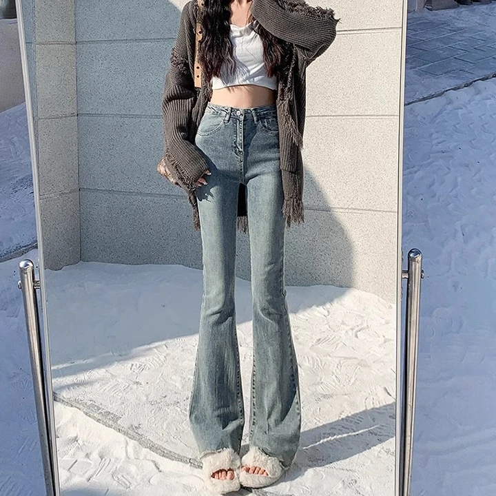Micro denim jeans female 2024 Korean version of high-waisted thin Slim elastic high street small horseshoe flare pants