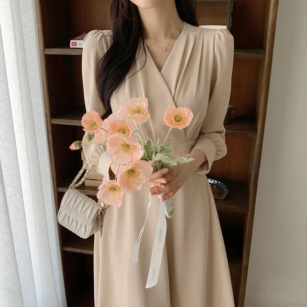 Korean Fashion Autumn Midi Dresses for Women Long Sleeves V-neck A-line Solid Casual Dress Office Lady Clothing New