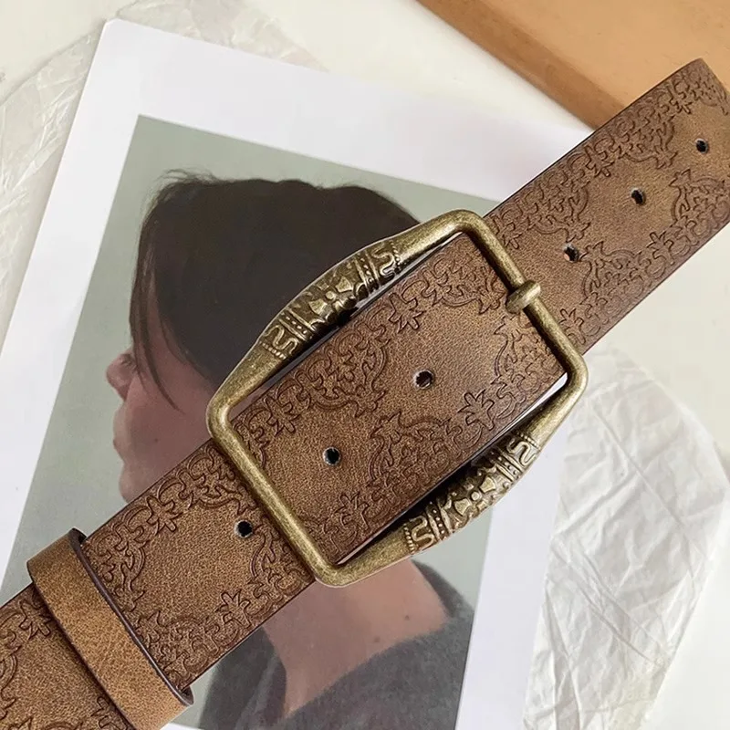 1pc Brown Floral Embossed Belt, Vintage American Y2K Style