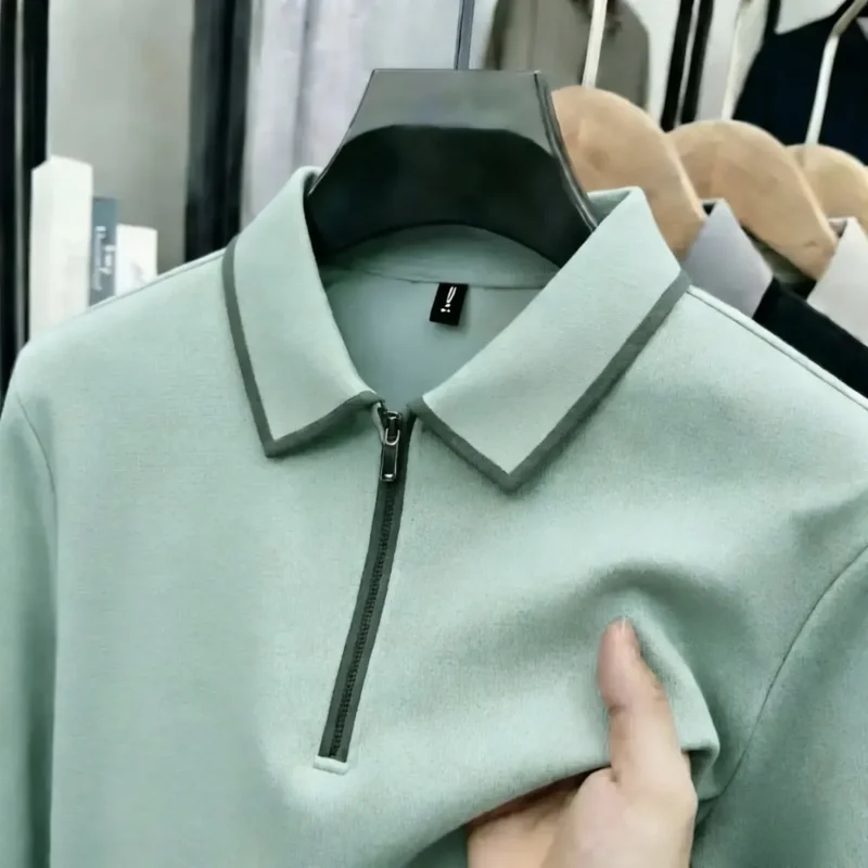 Polo in Maglia da Uomo a Maniche Corte con Mezza Zip e Bordi a Contrasto, T-Shirt Casual Business - immagine 6