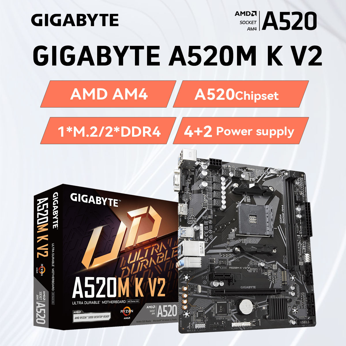 GIGABYTE A520M K V2 Motherboard AMD AM4 For Ryzen 3/4/5 Series CPU DDR4 64GB PCI-E 3.0 16X SATA3.0 M.2 VGA, RealtekÂ®GbE