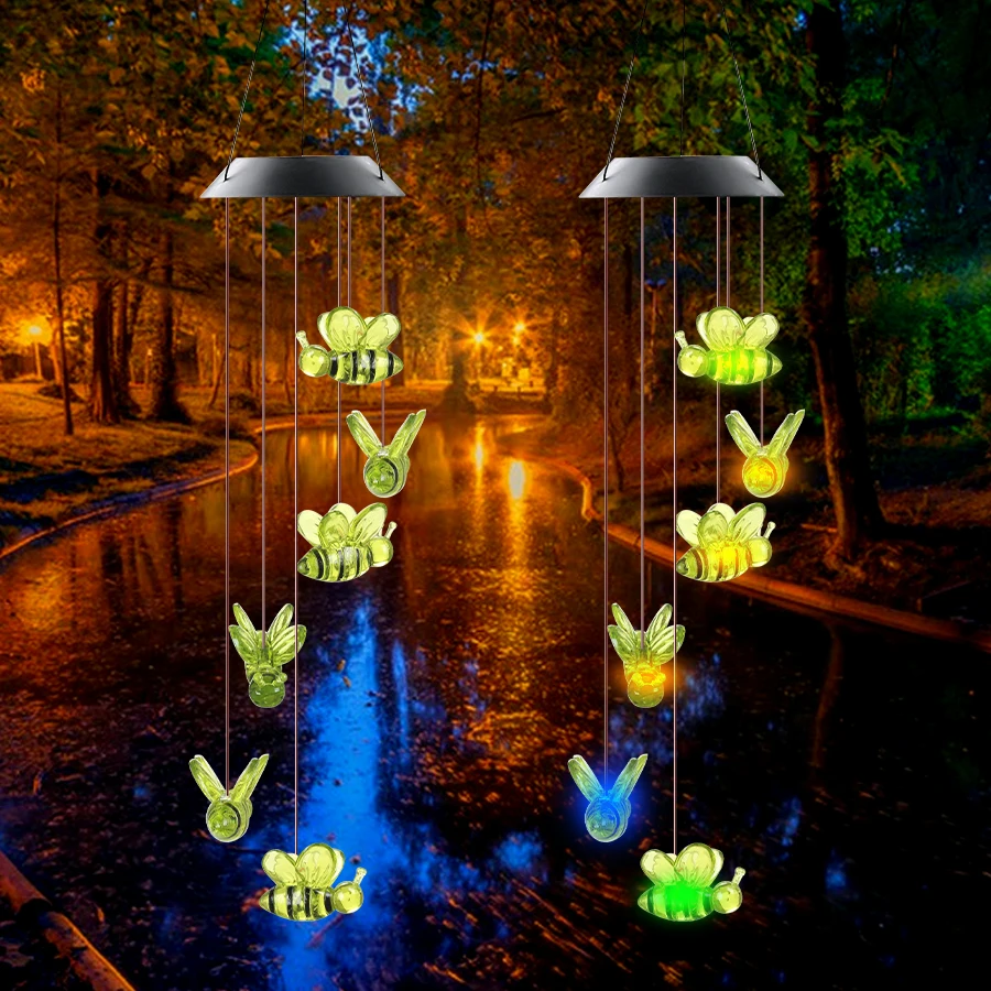 LED Wind Chimes Lights Snowflake Bee Wind Bell Lamp Solar Powered Chime Lantern Garden Festival Hanging Decoration Light