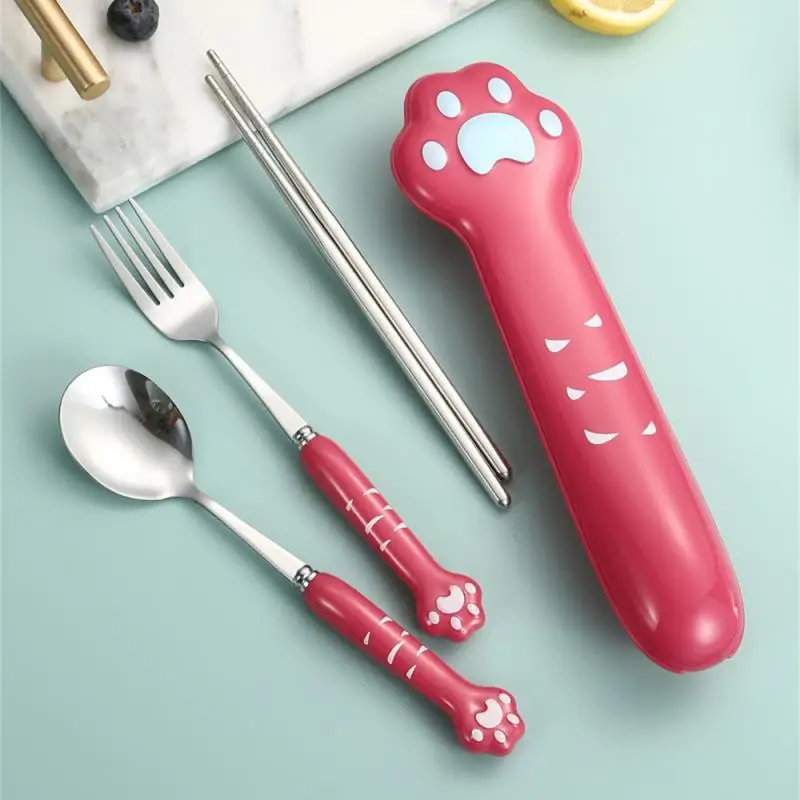 Cutlery set western style cutlery set picnic cutlery set stainless steel cutlery set Cat Paw Cutlery Set Stainless Steel Fork Spoon Chopsticks Storage Box Dinnerware Tableware Silverware Lunch Bento Accessories
