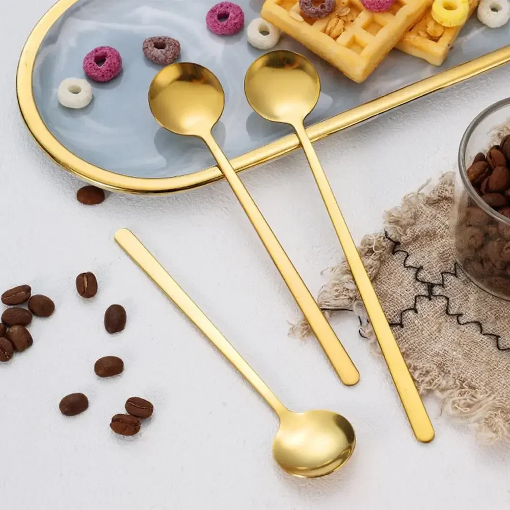 3PCS Kitchen,Dining & Bar Gold-Plated Korean-Style Long-Handled Spoon 304 Stainless Steel Luxury Cutlery Set Dinnerware Gift