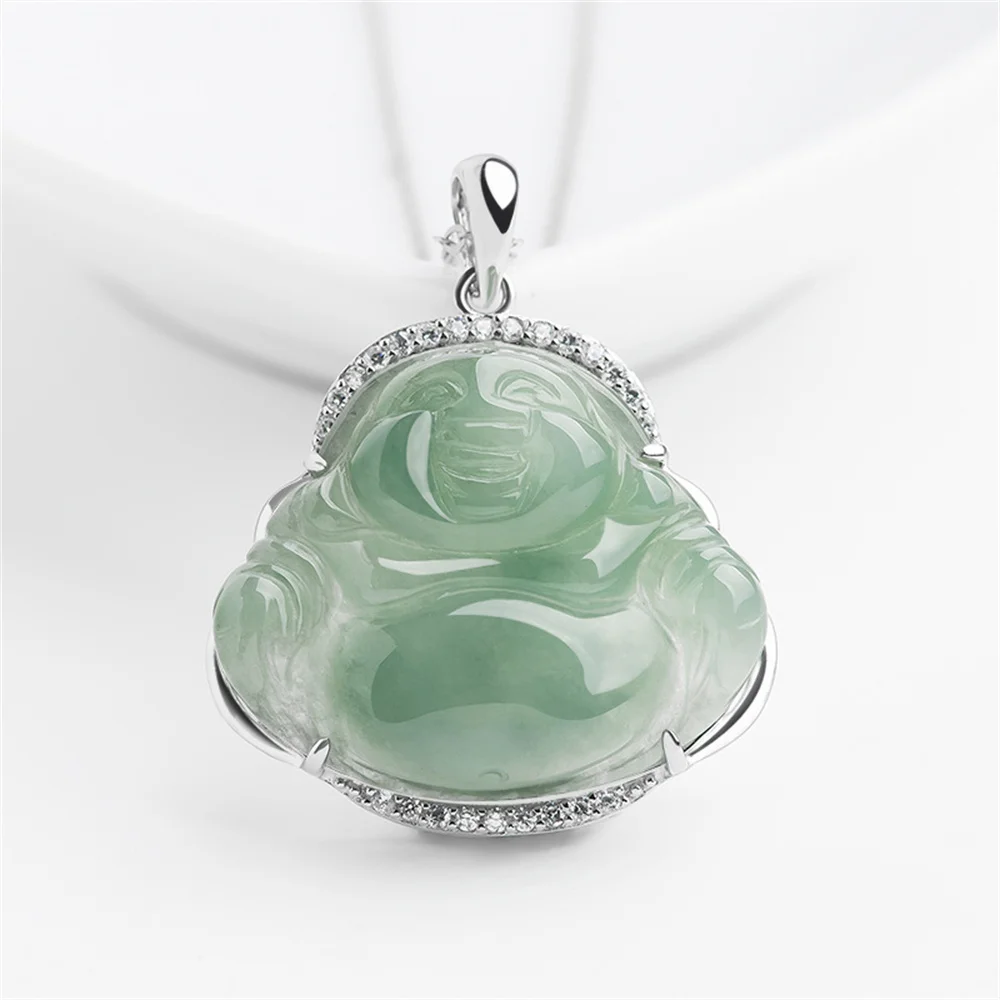 

925 Silver Natural Ice Green Jadeite Carved Charm Buddha Lucky Pendant S925 Amulet Necklace Certificate Trendy Gift Jewelry