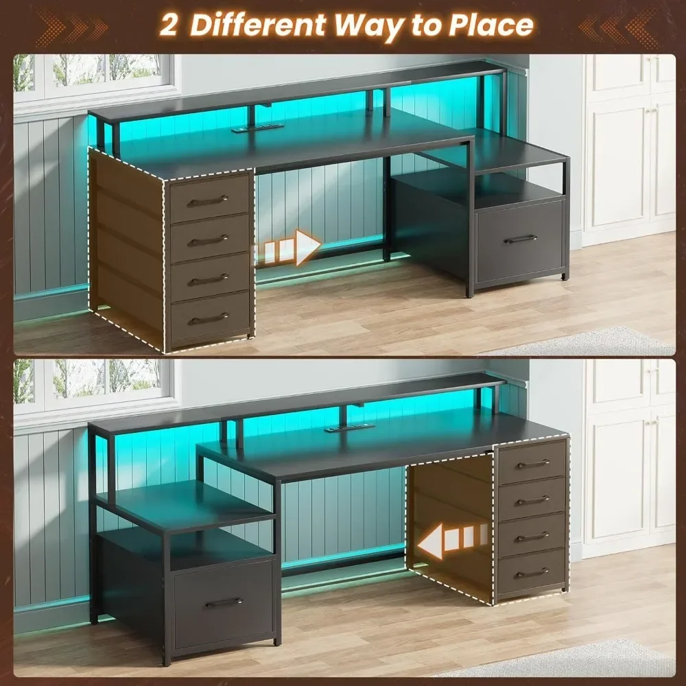 Computer Desk with 5 Drawer, Power Outlet & Led Lights, 66'' Home Office Desk with File Drawer, Storage, Monitor Shelf, Gaming 6
