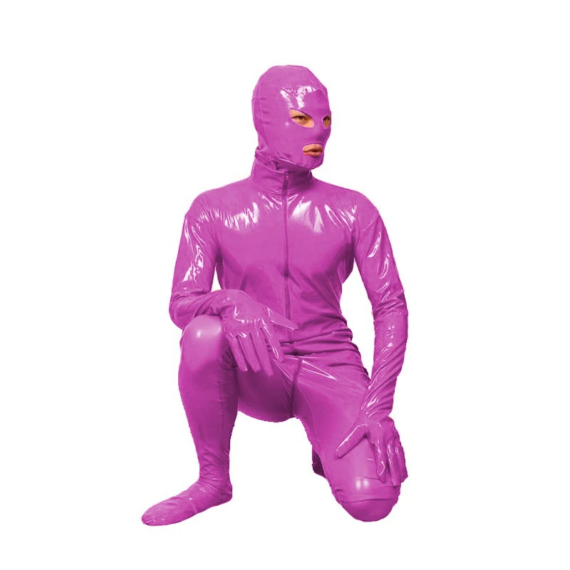 Glossy PVC Leather Zipper Zentai for Men, Masked Cosplay Catsuit, Full Body, Open Eyes, Mouth Jumpsuit, Halloween Costume