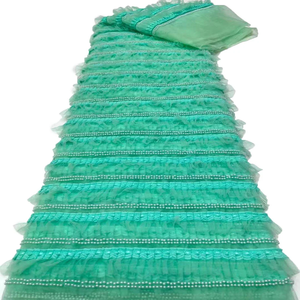 

New Design 3D 2023 High Quality Green African Nigerian Tulle Lace Fabric Embroidery Sewing Prom Dress With Beaded 5 Yards XH2503