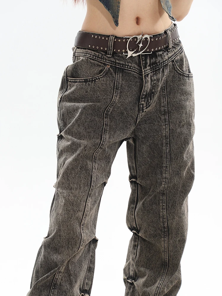 Jeans Women American Style Side Pleated Washed Distressed Denim Trousers High Street Hip Hop Advanced Autumn Hotsweet Girls Chic