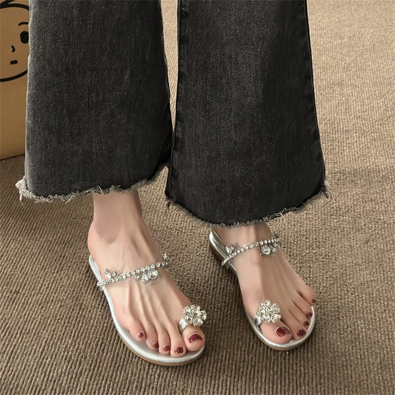 

Evening Style Style Rhinestone Slippers Women's 2023 Summer New French Fairy Fashion Slope Heel Slippers