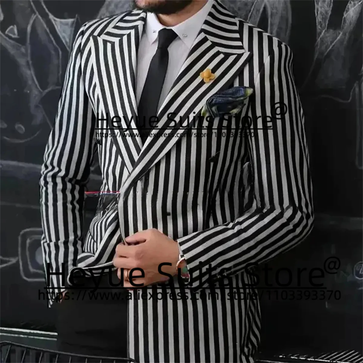 Double-breasted Formal Black Stripe Elegant Men Suits Slim Wedding Groom Tuxedos 2 Pcs Sets Business Male Blazer ternos mascuino