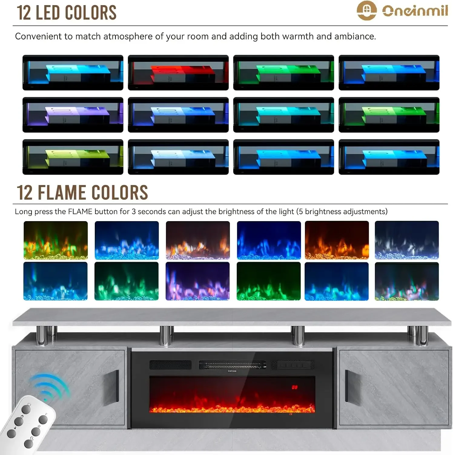 Fireplace TV Stand with 36”Electric Fireplace, 80” 2 Tier TV Console Stand for TVs Up to 90",LED Light Entertainment Center,Gray 3