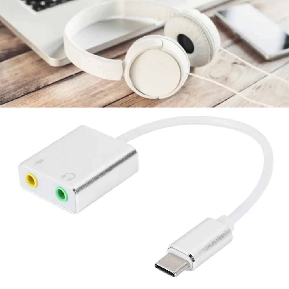 7.1 채널 USB 사운드 카드 3.5mm 여성용 알루미늄 합금 Type-C - 3.5mm 오디오 어댑터 드라이브 없이 플러그 앤 플레이 가능