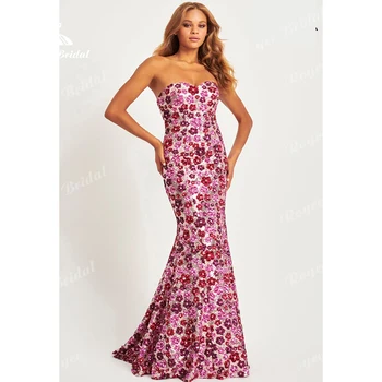 Colorful Floral Sequin Women's formal evening gowns Strapless Mermaid evening dresses Prom Dress vestidos de fiesta Customized 1