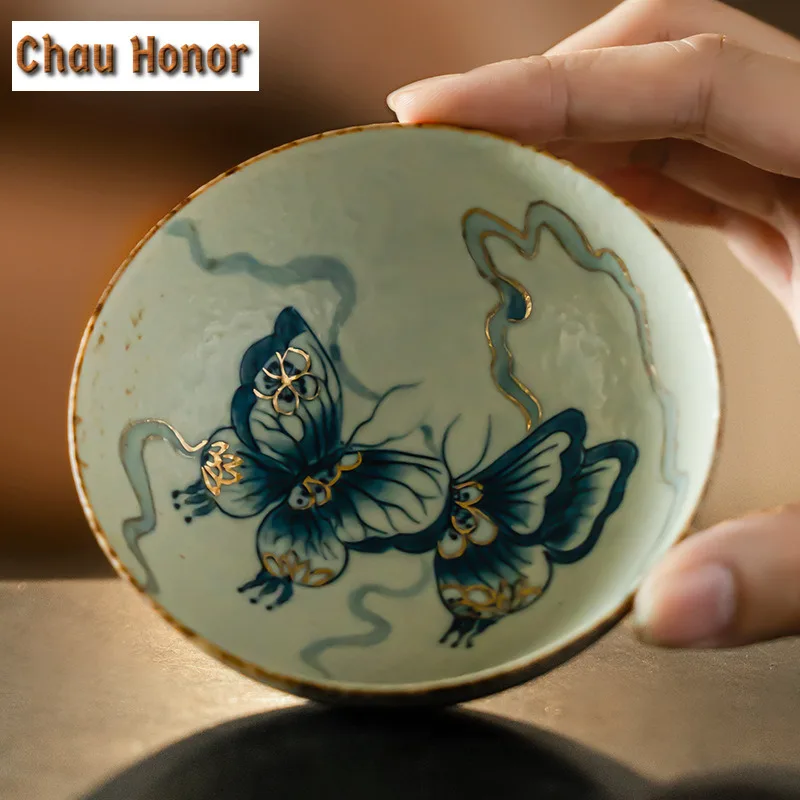 100ml Blue And White Flint Red Teacup Handmade Gold Drawing Butterfly Master Cup Personal Wide Mouthed Puer Tea Bowl Drinkware
