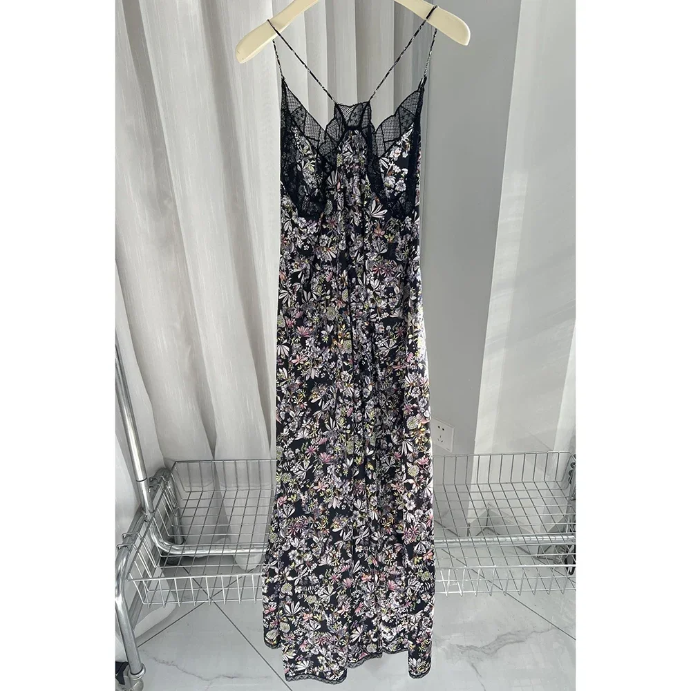 Summer casual plant printed silk camisole dress new women's lace patchwork V-neck floral sleeveless long dress