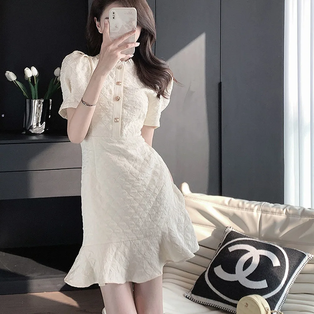

Korean Style Women's Dress 2023 New Summer Rhomb Pattern Temperament Dress Small Fragrant Wind Ruffle Dress Fish Vestidos Mujer