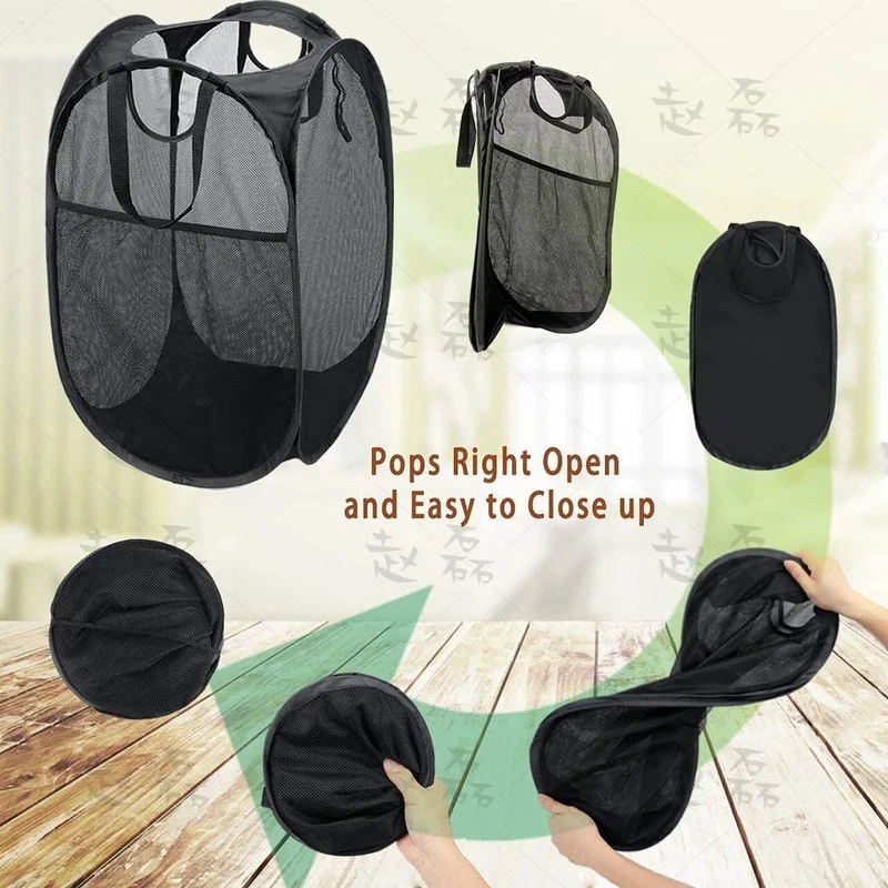 Fordable Laundry Basket Pop Up Laundry Mesh Basket Large Black