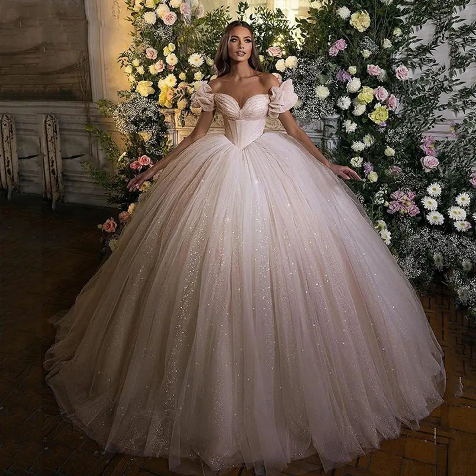 

Custom Made Princess Wedding Dress Corset Sweetheart Neck Ball Gowns Glitter Tulle Bride Dresses Robe De Mariee Wedding Gown