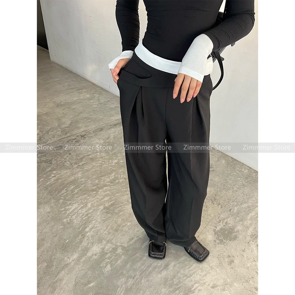 

High Quality! Niche Design Sense Casual Clashing Folded Asymmetric Waist Wide Leg Pants Women's Trousers