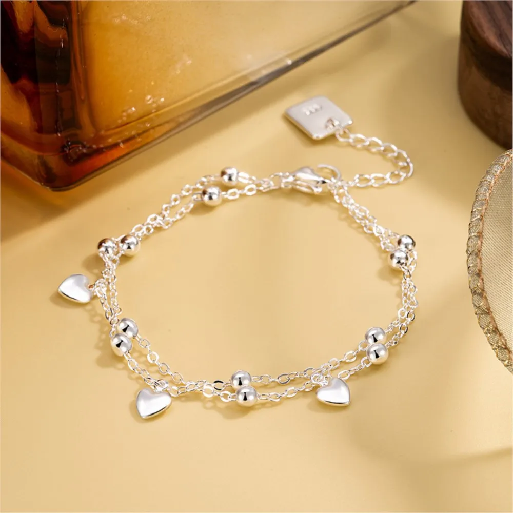 Silver Color Double Layer Love Heart Beads Chain Chain Bracelet for Womem Trendy Cute Peach Bracelet Party Jewelry Gifts