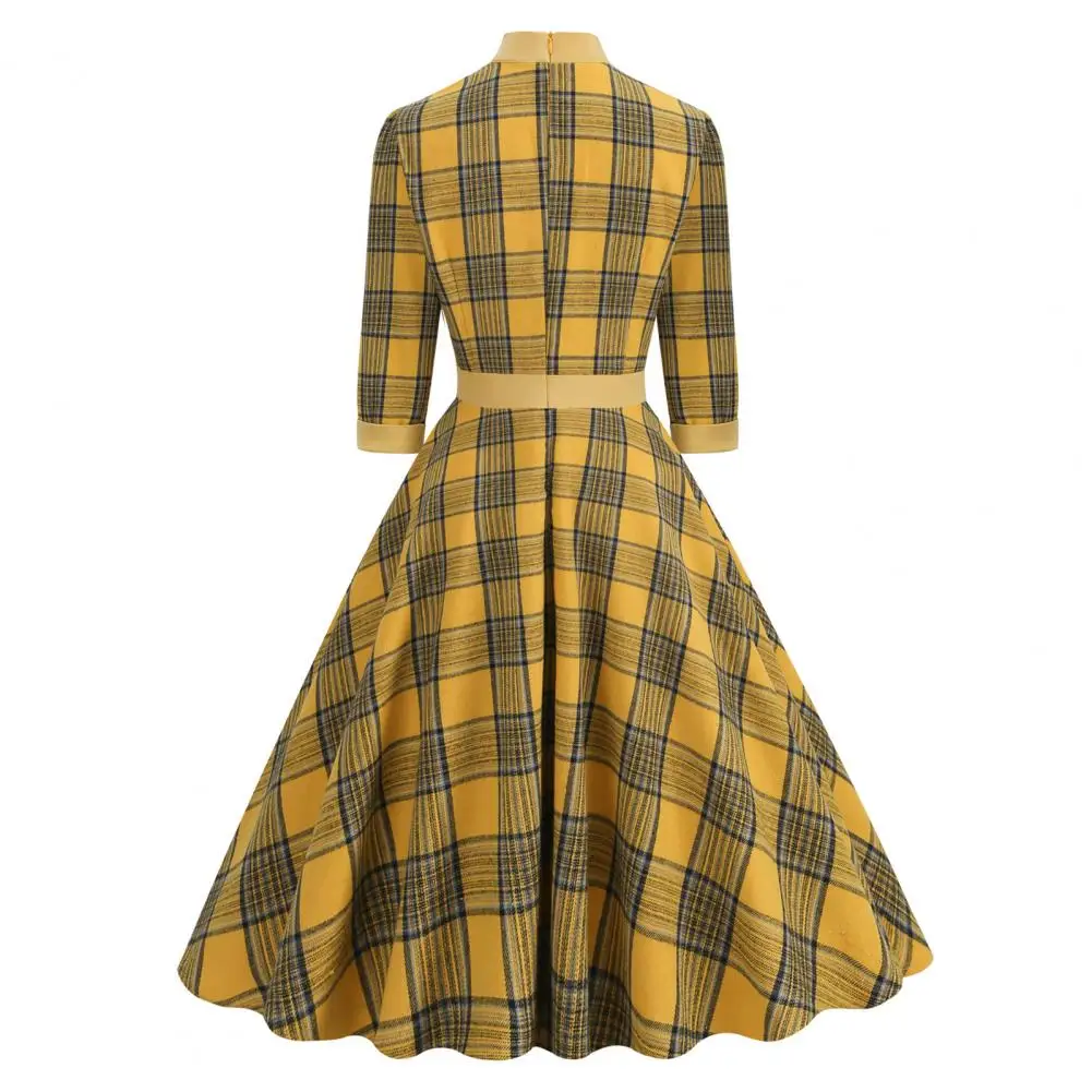 

Women A-line Dress Plaid Print A-line Dress with Bow Tie Half High Collar Hem Retro Midi Dress for Women Autumn Winter 3/4