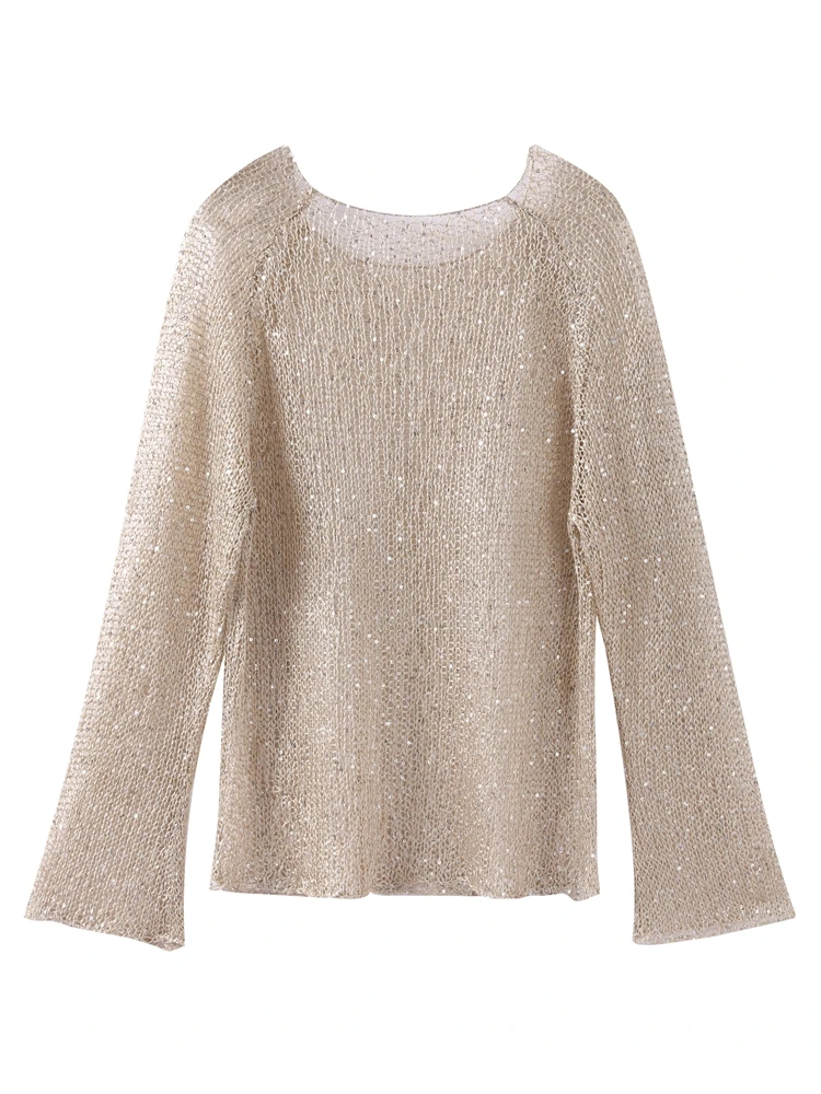 Fashion Sequin Knitted Hollow Out Pullover For Women See Through Elegant O-neck Loose Long Sleeve Sweater Spring Female Chic Top 4
