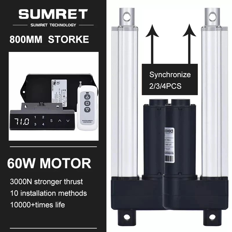 

0-800MM Adjustable Stroke Electric Linear Actuator Kit AC220V 2CH With Hall Controller 3000N DC12V 24V Motor Lift TV Synchronous