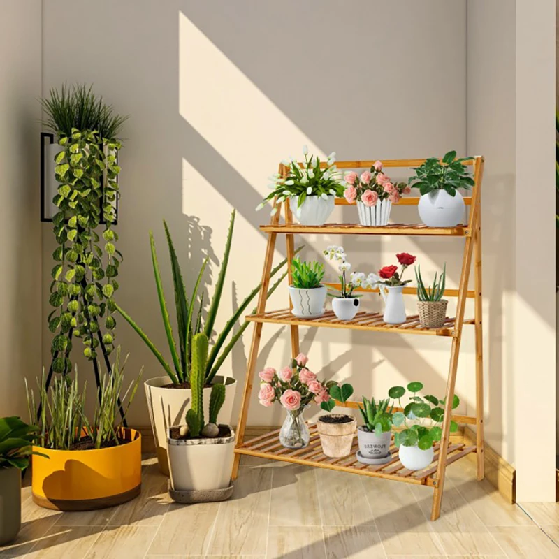 

3-Tier Bamboo Foldable Plant Stand Rack Display Shelf Rack Multiple Flower Pot Holder Indoor Outdoor Planter Display Shelving